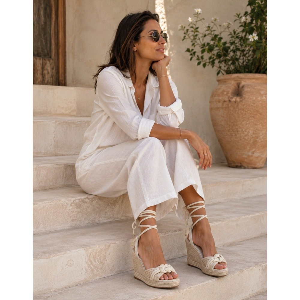 Alexandre Birman Vicky Dove Rope Wedge Sandals Cream Espadrille Ankle Tie 37.5